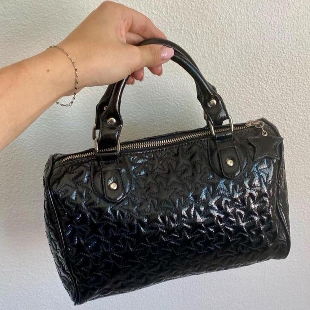 Y2K Express Black Barrel Glossy Star Embossed Hand Bag Purse